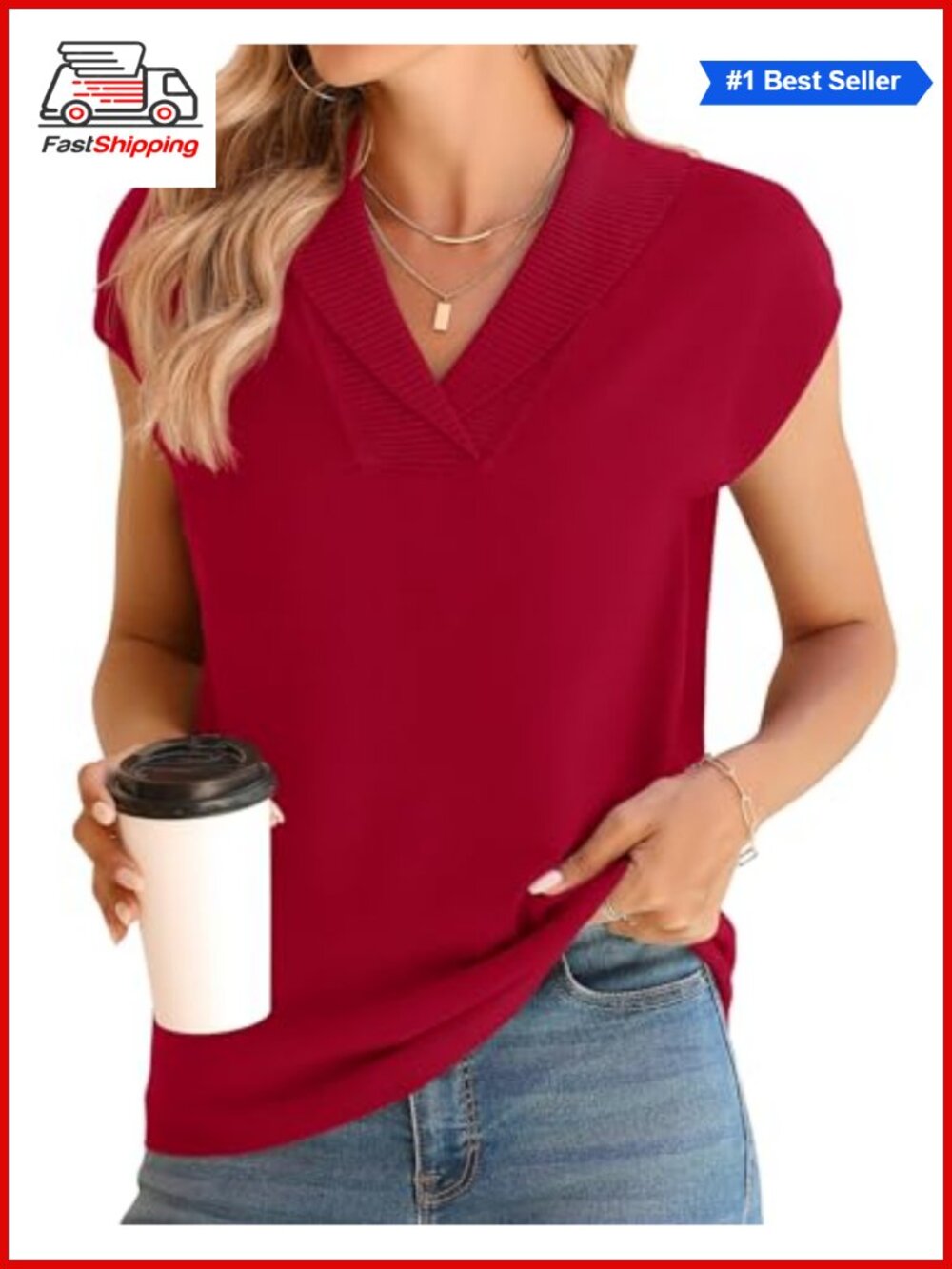 ✨Ivicoer Sweater Vest V-Neck Knitted Pullover Cap Sleeve Collared Dressy Casual